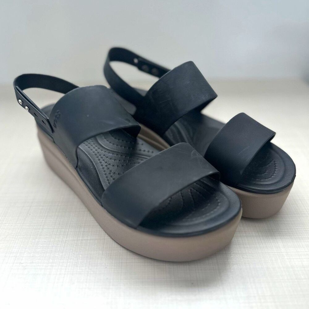 Crocs Women’s LiteRide Strappy Wedge Sandal Black/Beige Buckle US 7